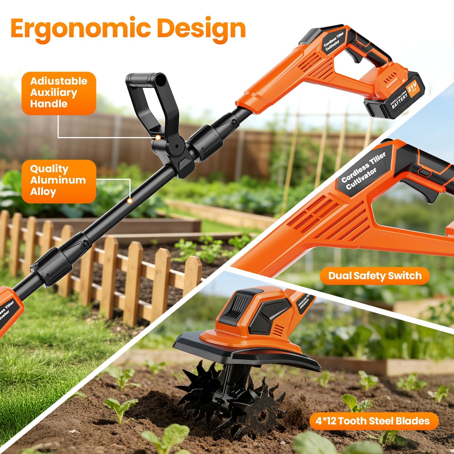 20V Cordlees Tiller Cultivator for Gardening, 400RPM Brushless Electric Garden Tiller Battery Powered((2*3.0Ah Battery&Charger), 9.5"Width 7"Depth, Garden Rototiller for Yard/Lawn/Soil Tiller (Orange)