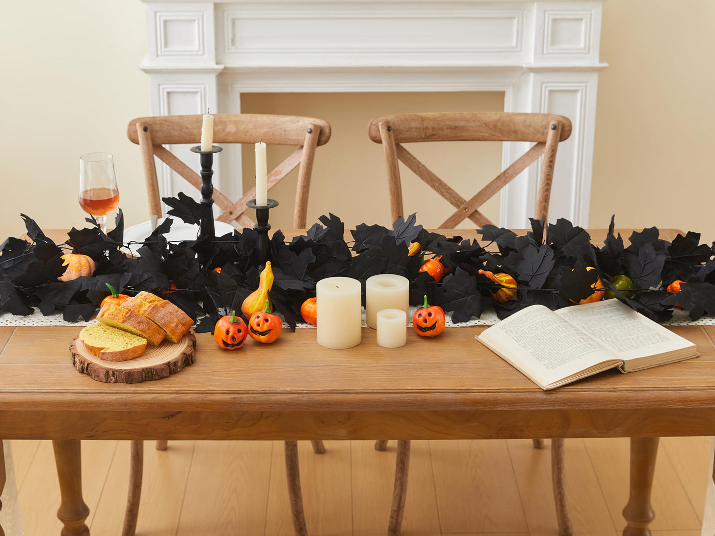 AWARDSEN 13 FT Black Garland Halloween 2pcs Artificial Black Maple Leaf Garlands Fall Leaves Vines for Autumn Thankgiving Halloween Decoration for Home