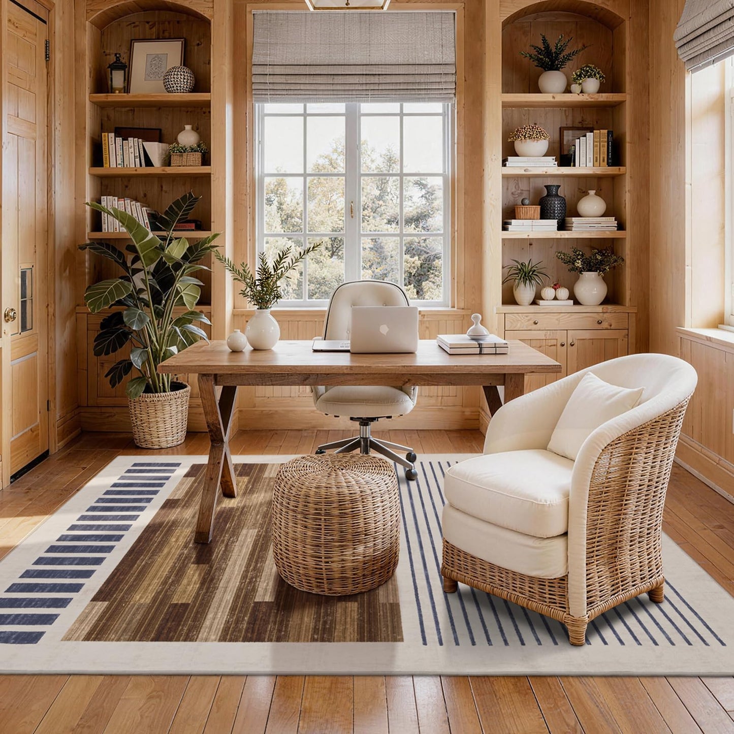 YIHOUSE Washable Area Rug 5x7 Modern Striped Lines Black and Brown - Living Room Rugs Low Pile Non-Slip - Black and White Rug for Bedroom Farmhouse Hardwood Decor
