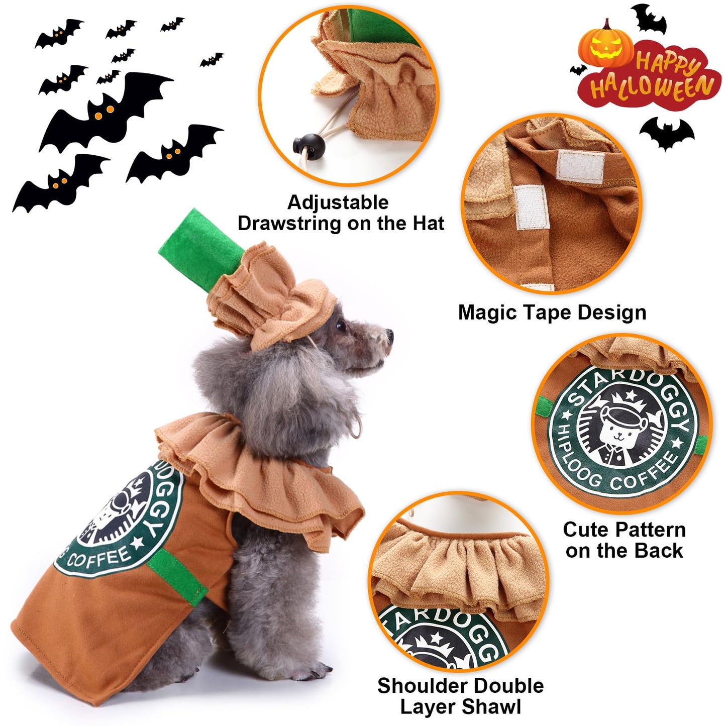 Dog Costume Clothes Latte Coffee Dog Halloween Costumes for Small Medium Dogs, Pet Cat Outfit Puppy Cosplay Outfit Christmas Party Special Events Photo Props Dress up Accessories