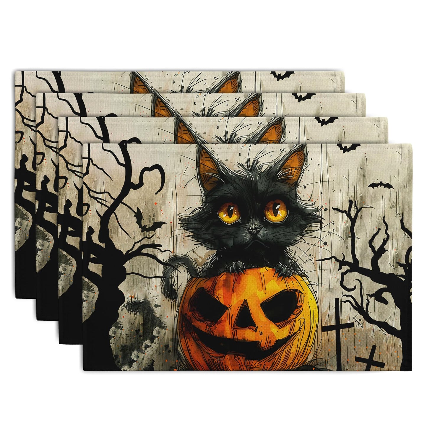 Halloween Black Cat Pumpkin 12x18 Placemats Set of 4 Happy Halloween Bat Branch Linen Table Place Mat Seasonal Fall Washable Heat Resistant Non Slip Table Placemats for Party Kitchen Dining Decor