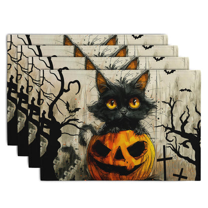 Halloween Black Cat Pumpkin 12x18 Placemats Set of 4 Happy Halloween Bat Branch Linen Table Place Mat Seasonal Fall Washable Heat Resistant Non Slip Table Placemats for Party Kitchen Dining Decor