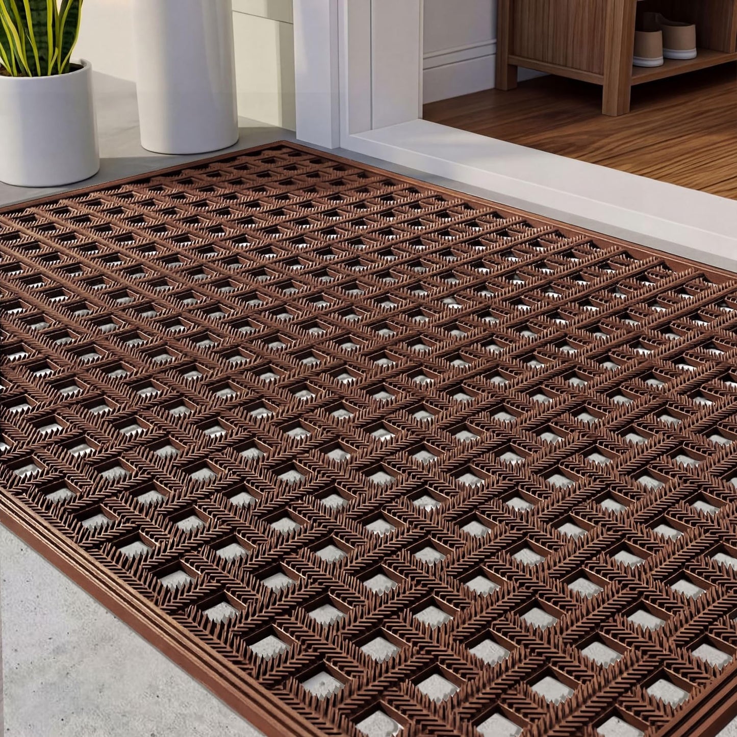 Bulijojo Front Door Mat with Drainage,24x36 Rubber Heavy Duty Dirt Trapper Waterproof Welcome Mat, All Weather for Front Back Door Patio Entryway Brown