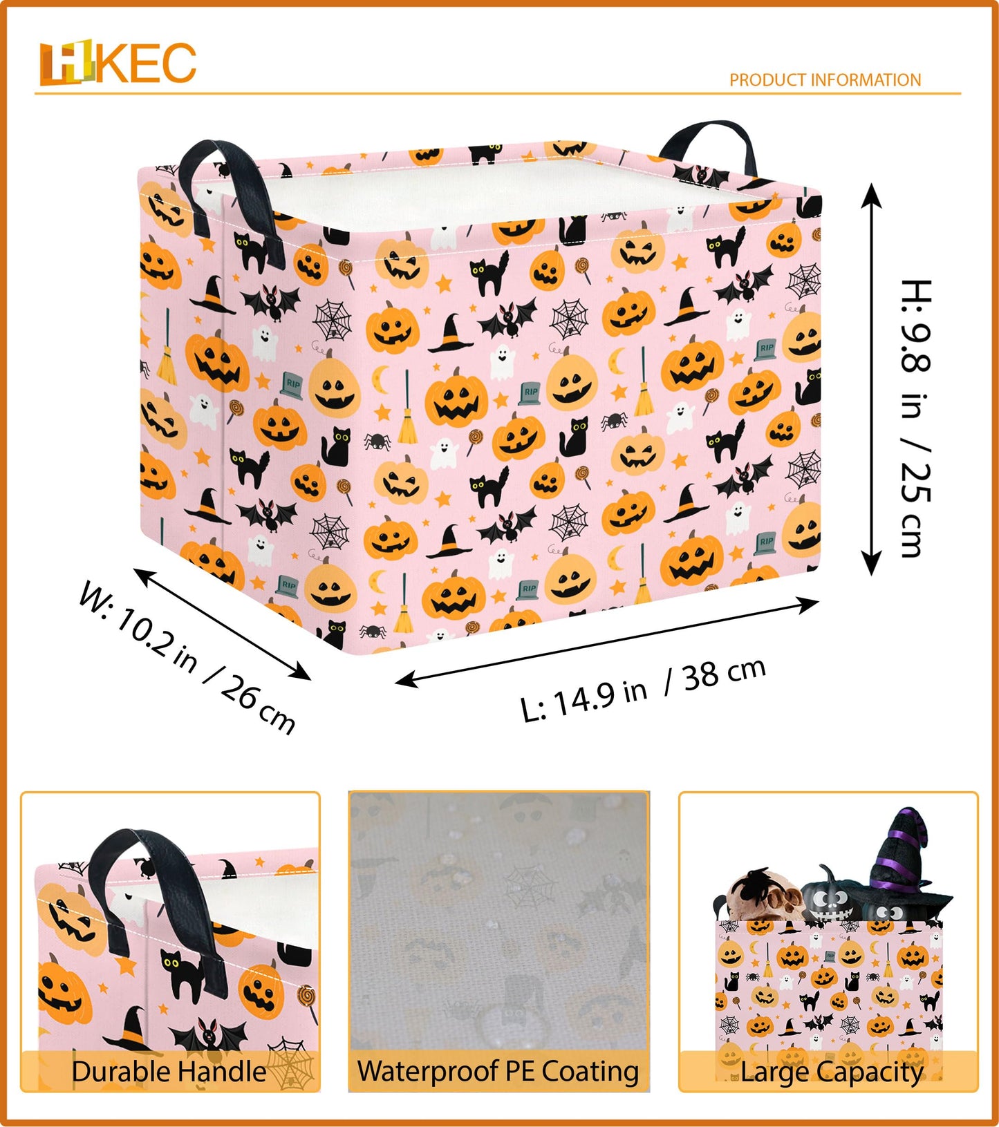 HKEC Rectangle Storage Basket with Handles,Collapsible Storage Bin,Books Box,Gift Basket(Halloween Cat Basket)