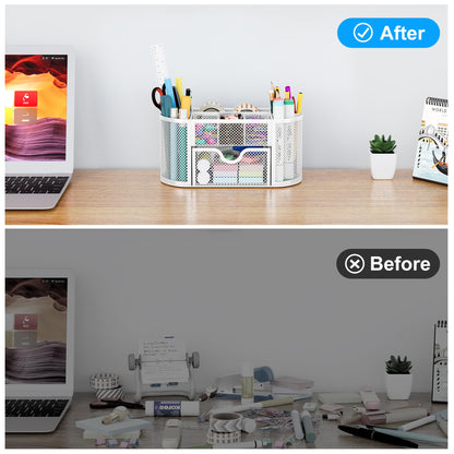 EasyPAG Mesh Desk Organizer, Multi-functional Stationery Organizer for School Supplies, Office Pen Holder for Desk, 9 Compartments Dorm Organization with Drawer, White