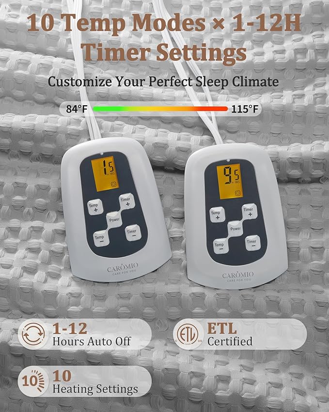 CAROMIO Heated Blanket King Size with LCD Dual Controller, Waffle Weave Fast Heating Electric Blankets, 10 Heat Levels & 1-12H Time Settings, ETL Certified, Machine Washable, Grey, 100" x 90"