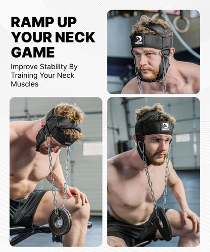DMoose Fitness Neck Harness for Weight Lifting - Adjustable Head & Chin Strap with 30" Heavy Duty Steel Chain - Neck Exerciser, Trainer & Strengthener to Support Injury Recovery & Intense Workouts
