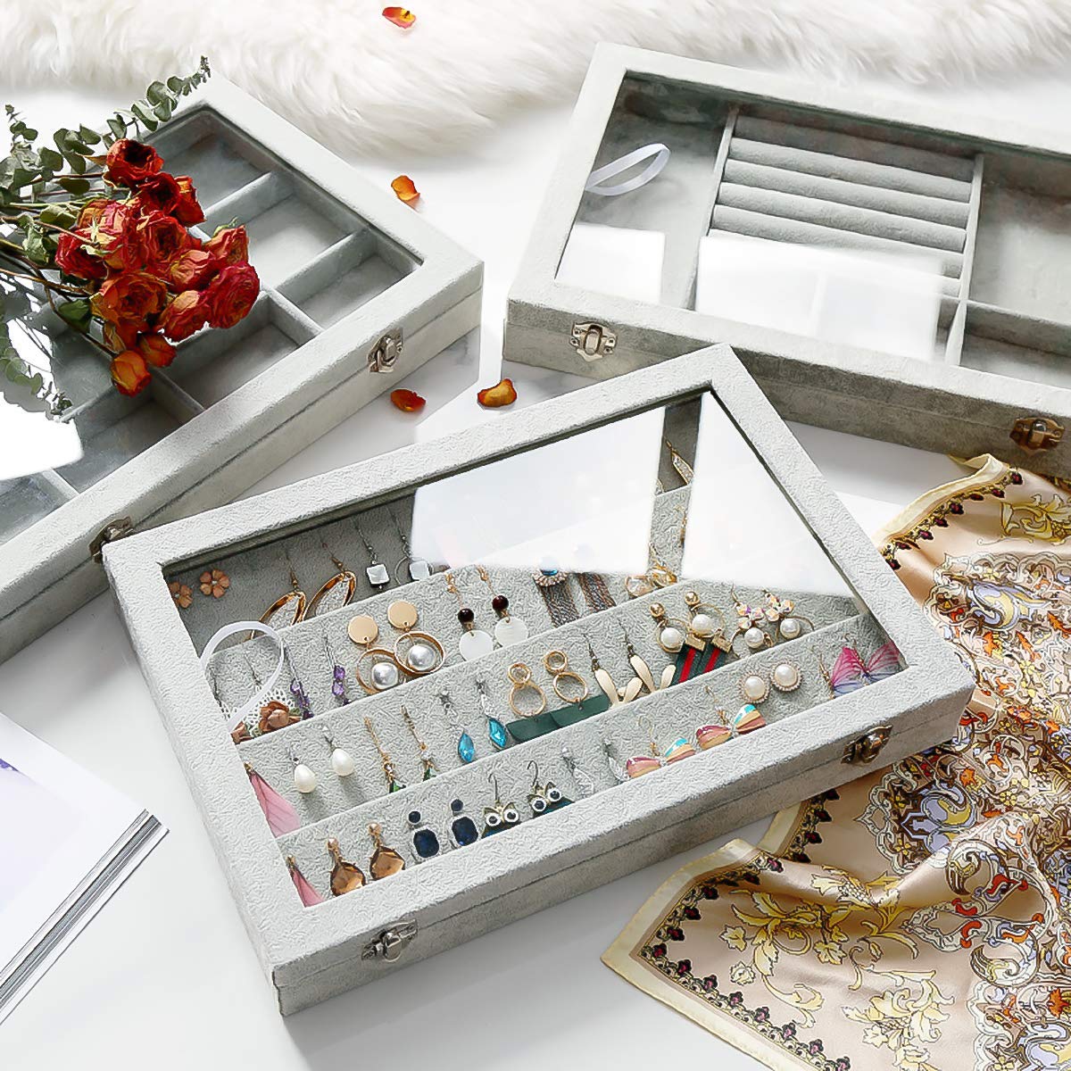 BIENSER Earrings Organiser, Velvet Clear Lid Earring Holder & 40 Pairs Earrings Storage Box, Jewellery Boxes Display Showcase Case Lockable, Dustproof, 13.14"(L) X 9.18"(W)
