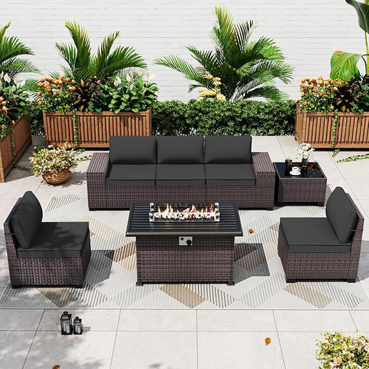 ALAULM 7 Pieces Patio Furniture Set with Fire Pit Table 55000BTU, Oversized Seat/Armrest and High Back Wicker Conversation Set with Thick Cushion for Backyard, Garden, Black