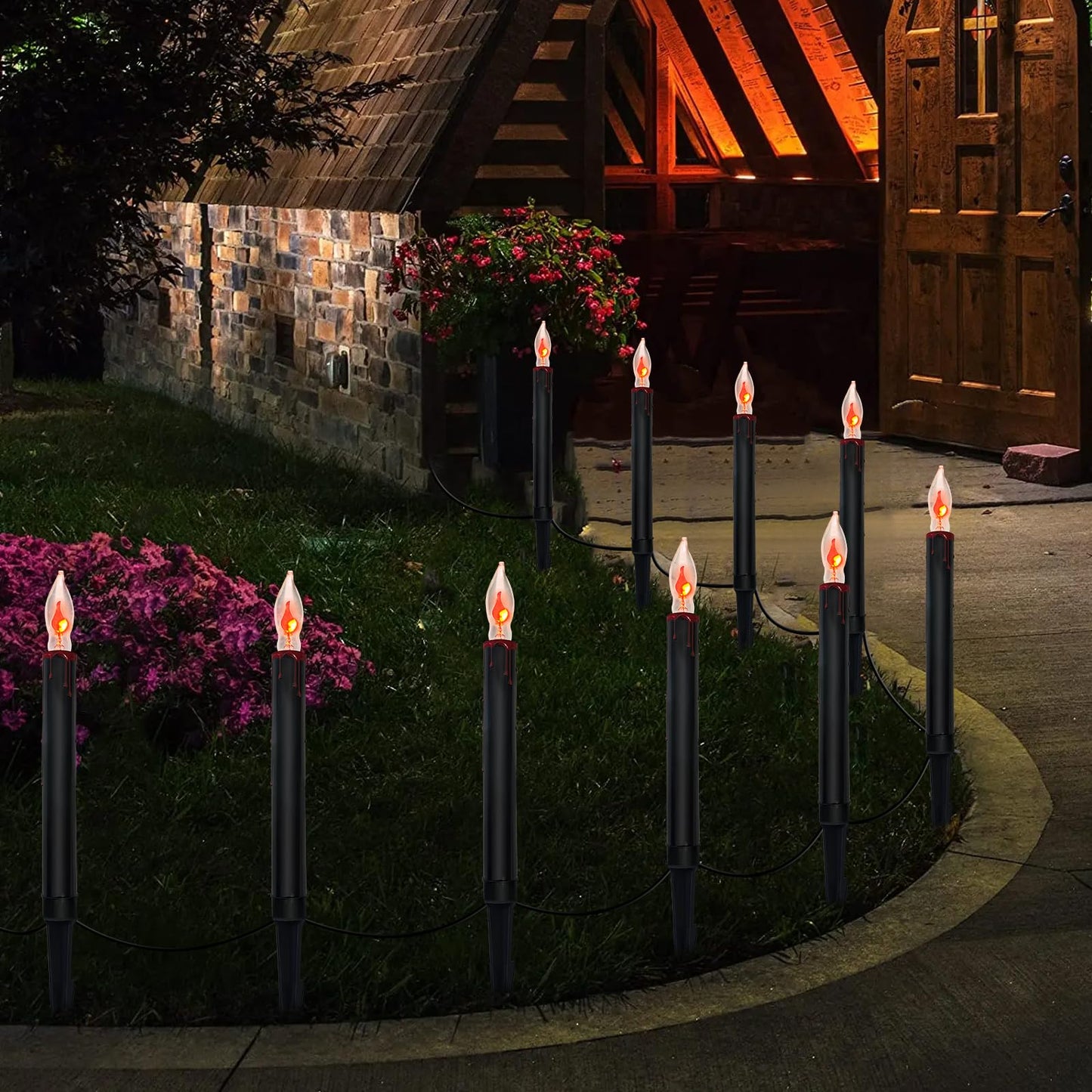 Halloween Pathway Lights Outdoor, 19.5Ft Halloween Pathway Marker String Lights with 10 C18 Flicker Flame Black Candles Stakes Lights Plug in Walkway Light for Lawn Garden Sidewalk Driveway