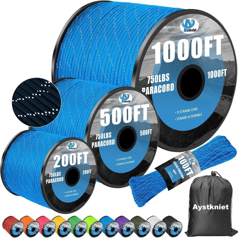 750Ib Reflective Paracord Rope,1000', 4mm 11 Strand Parachute Spool Cord with Collecting Bag, para Cord Lanyard for Hammock, Camping, Hiking