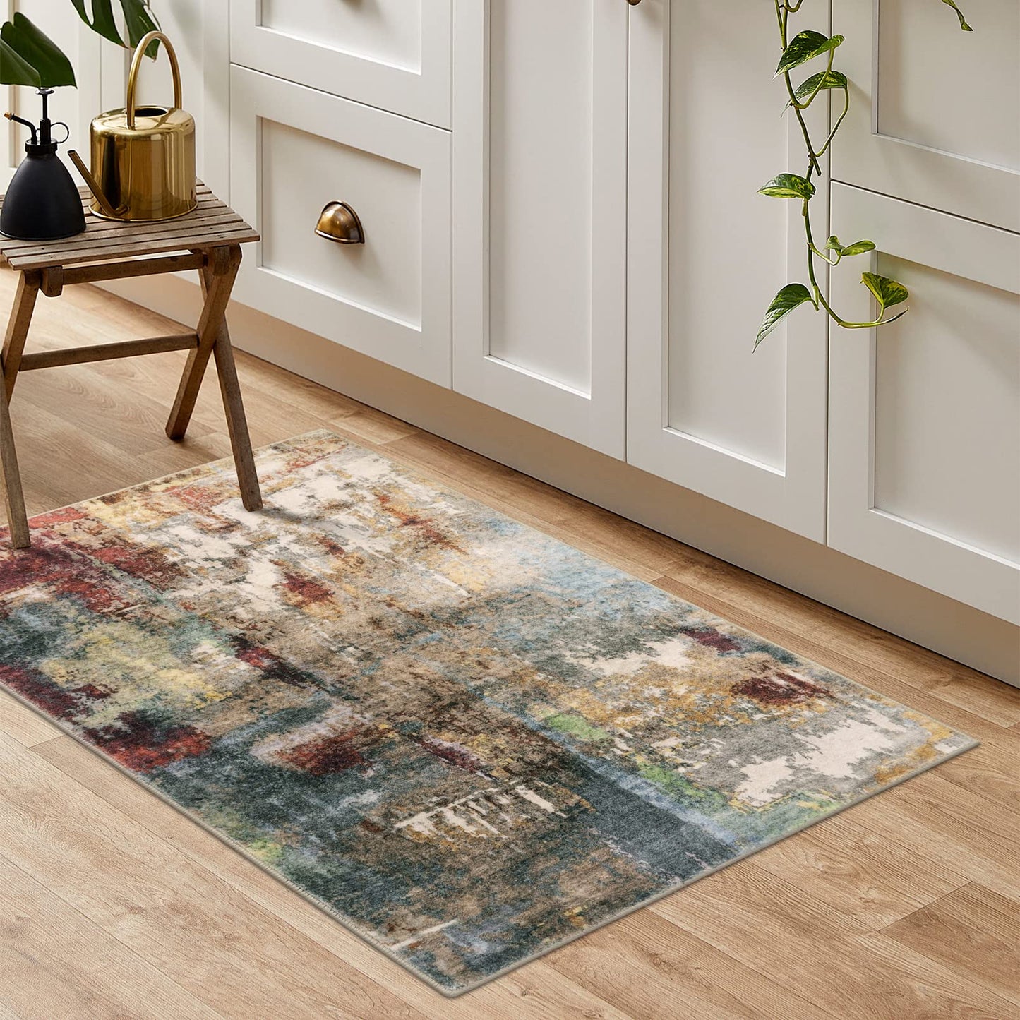 Lahome Modern Abstract Area Rug - 2x3 Washable Small Entryway Rug for Kitchen Non-Slip Front Doormat, Contemporary Faux Wool Soft Floor Indoor Carpet for Bathroom,Red/Multi