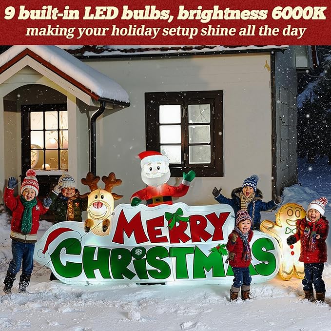 9.5 FT Christmas Inflatable Merry Christmas Sign with Santa, Reindeer & Gingerbread Man, LED Lit in- & Outdoor Decoration for Yard Garden Lawn Winter Decor