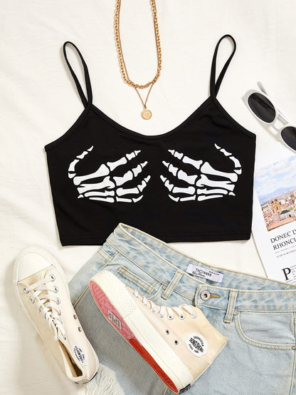 WDIRARA Women's Skeleton Skull Print Scoop Neck Spaghetti Strap Crop Cami Top Black M