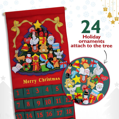 Merry Christmas Green Tree Advent Calendar by Pockets of Learning | Festive Holiday Décor, Seasonal Fabric Wall Hanging | Cloth Christmas Countdown w/ 24 Stuffed Cloth Ornaments