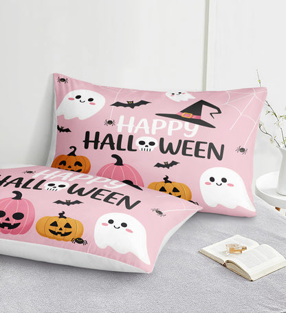 Pumpkin Ghost Comforter Set Girls Pink Halloween Bedding Set Orange Pumpkin White Ghost Bat Spider Cute Cartoon Bedding Kids Teens Happy Halloween Bed Set King Size