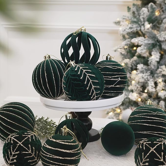 4inch Velvet Ornaments for Christmas Tree, 9PCS Glitter Flocked Christmas Ornaments Decorations Balls Set Decor Green