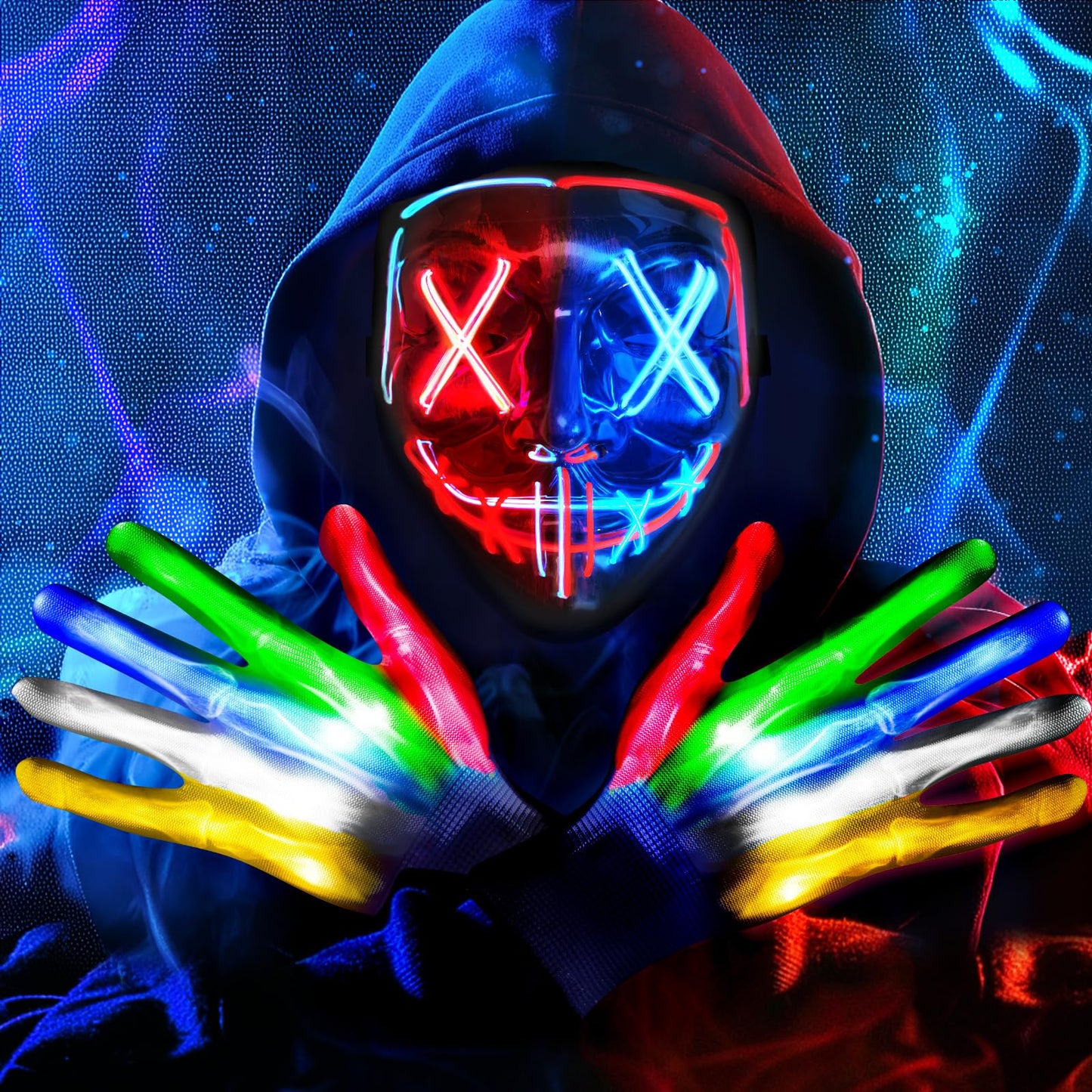 Onsucum Halloween LED Light Up Mask, Scary Glowing Mask for Cosplay Costumes, Festival, Carnival Party Supplies Gifts (Blue & Red)