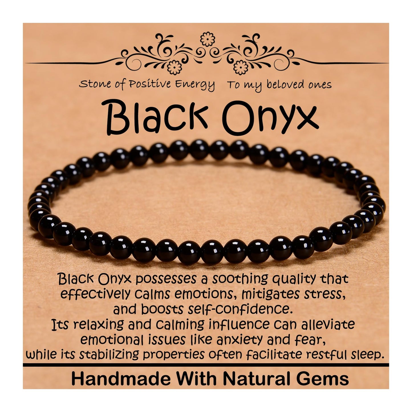 CHCCOYE 4mm Natural Healing Gemstone Bracelet Handmade Yoga Stretch Elastic Bracelet Stress Relief Crystal Jewelry for Men and Women (4mm, Black Onyx)