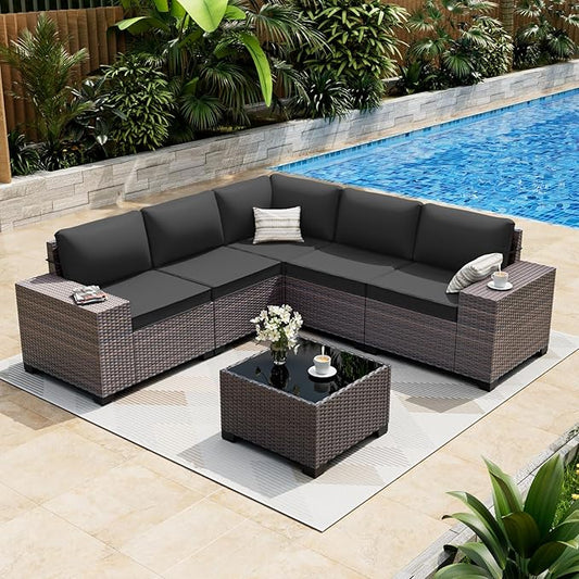ALAULM 6 Pieces Patio Furniture Set, Oversized Seat/Armrest and High Back Wicker Sectional Furniture Set with Thick Cushion for Backyard, Garden, Black