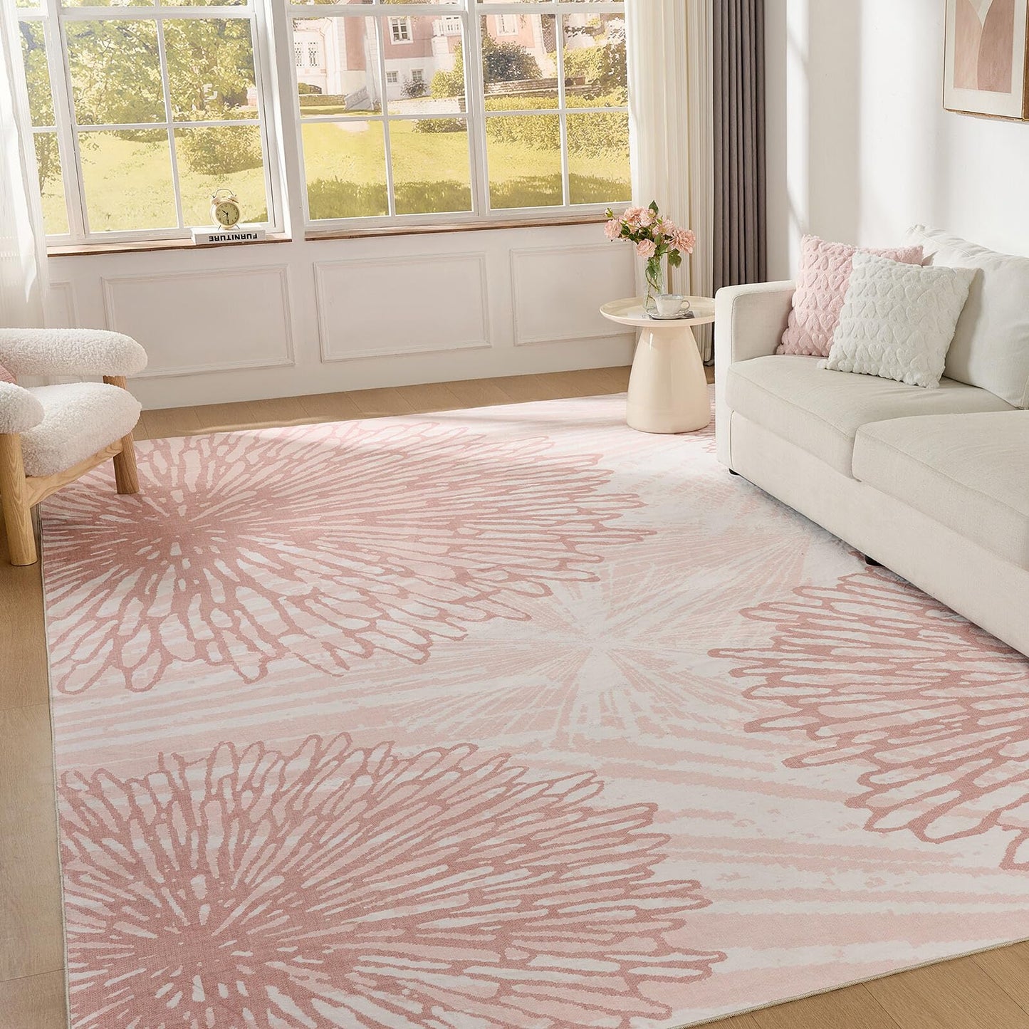 Pink Rugs for Bedroom Girls: 12x15 Modern Large Washable Soft Cute Boho Floral Pattern Area Rug Neutral Indoor Floor Non-Slip Carpet for Living Room Dining Nursery Kids Playroom Baby Room House Decor
