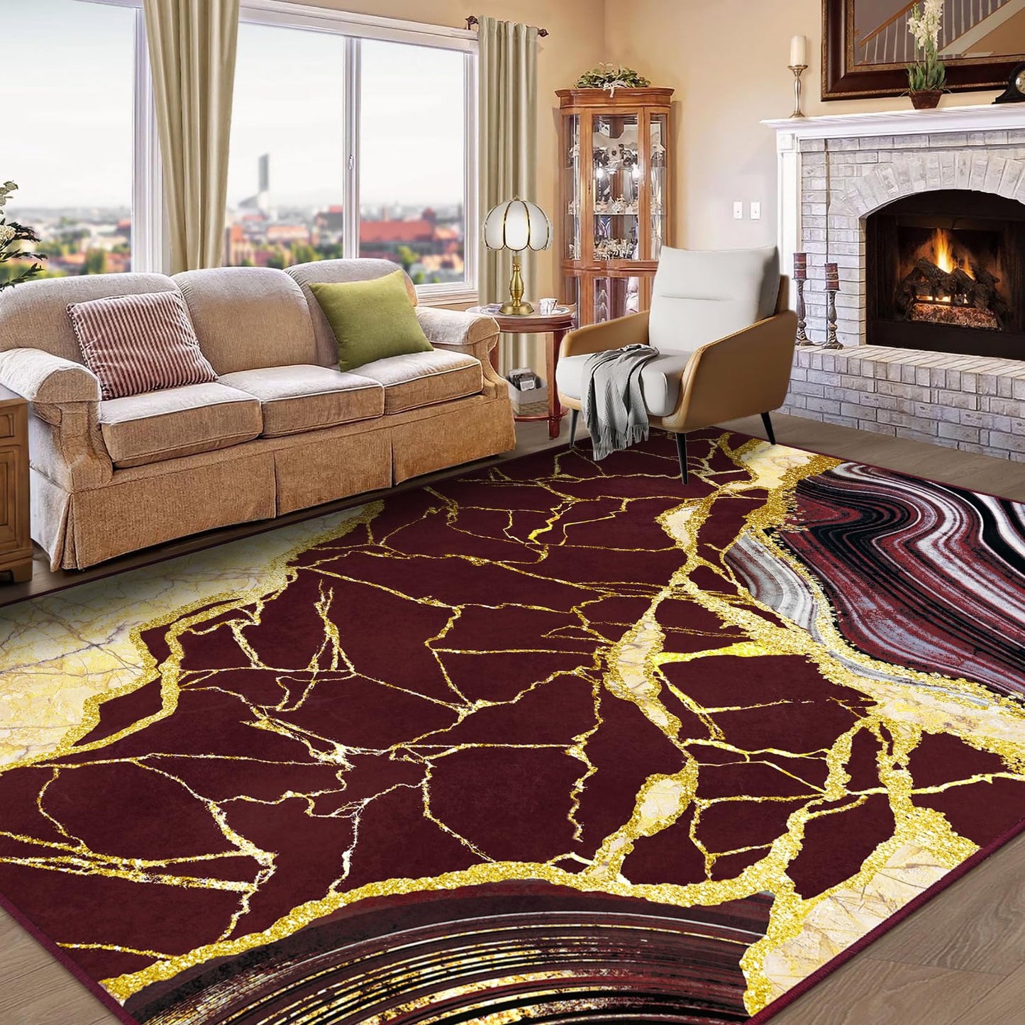 ASPMIZ Marble 9x12 Area Rug Red and Gold Washable Rugs for Living Room, Soft Faux Wool Bedroom Rugs Non Slip Modern Floor Carpet Low Profile Extra Large Throw Rug for Dining Room Home Office Decor
