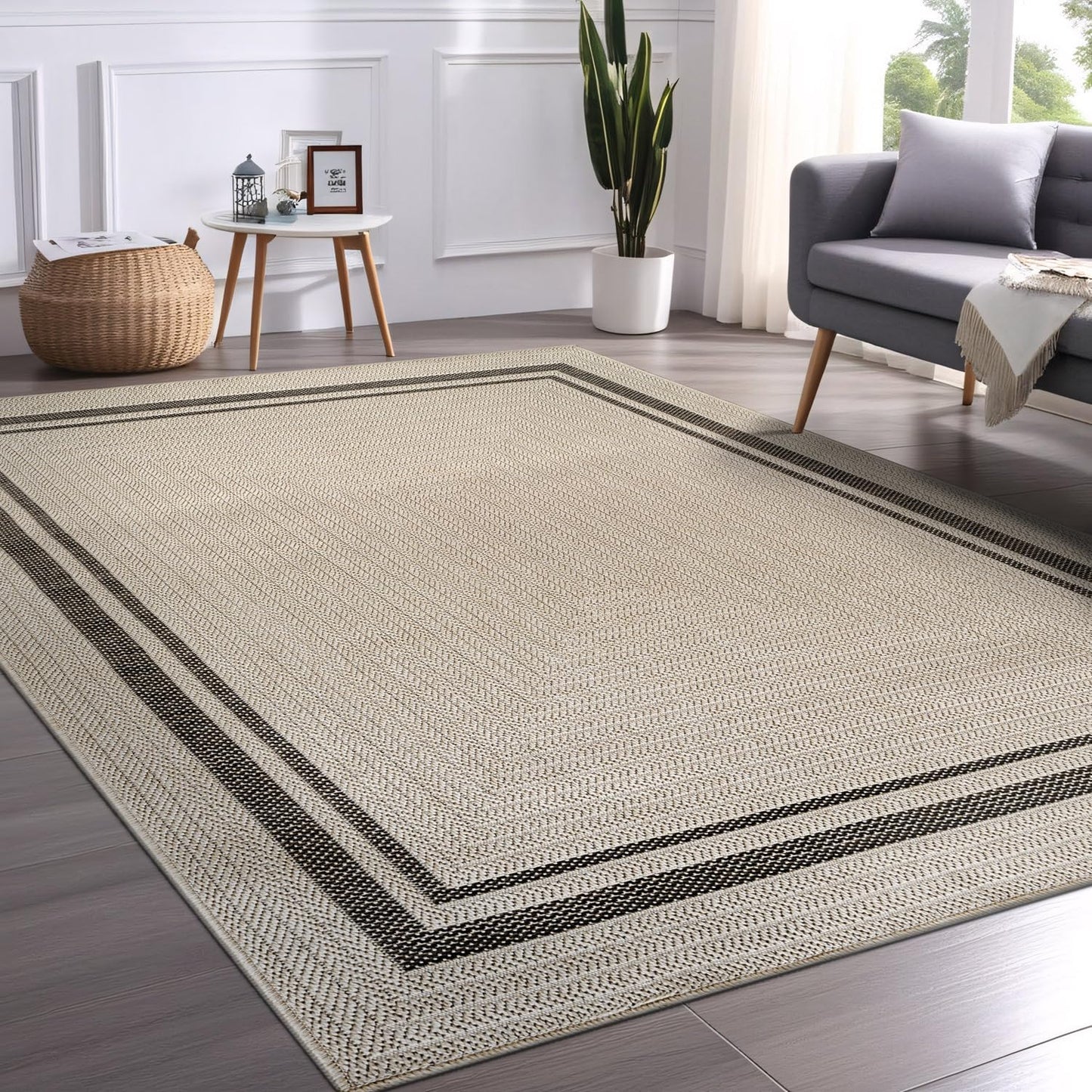 Beverly Rug Easy Jute Bordered Rug 5x7 Washable Durable Indoor Outdoor Area Rugs for Living Dining Room Patio Office Stain Resistant Non Shedding Casual Indoor Outside Carpet 5 x 7 Off-White