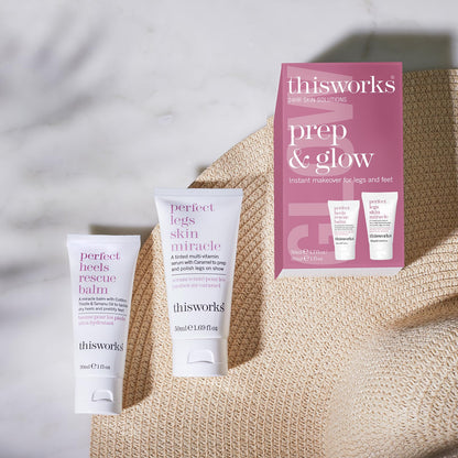 This Works Prep and Glow Gift Set - Travel Size Kit with Perfect Legs Skin Miracle and Perfect Heels Rescue Balm Foot Cream - Nourishing & Hydrating Bodycare Duo