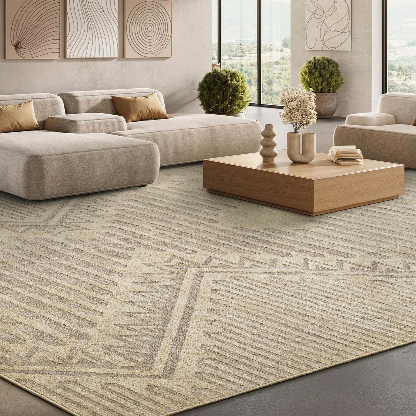 Boho Beige 8x10 Area Rugs Textured Tufted Rugs for Living Room Bedroom Nursery Rug-Carpet Washable Brown Neutral Modern Aztec Rug