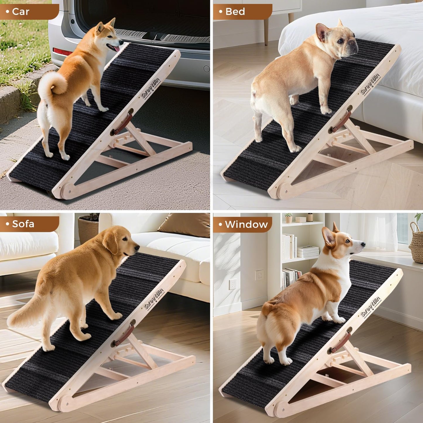 Dog Ramp for Bed - Foldable Small to Large Dog Ramp for Couch - 6 Adjustable Height from 30.5 to 61cm - Stairs with High Traction Mat - Wooden Portable Ramp for Dogs to Get on Bed Couch Car Up to 90kg