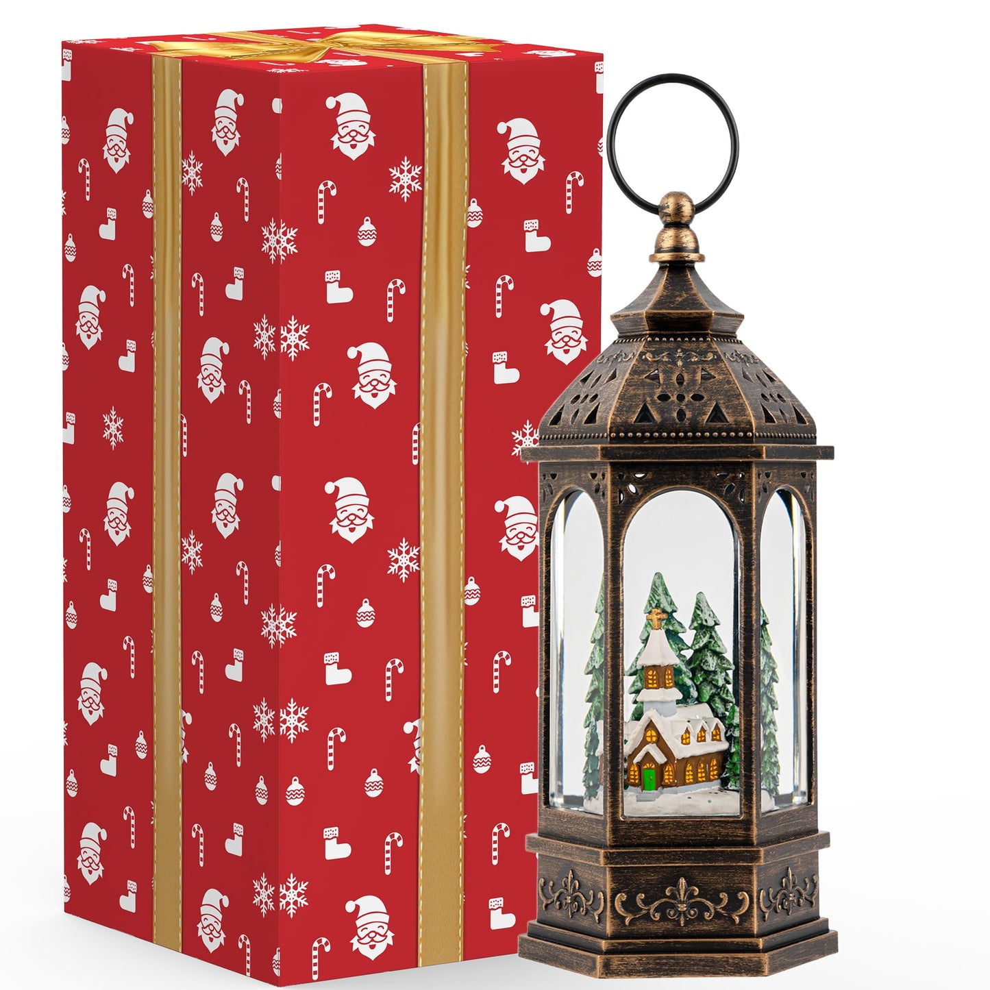 Christmas Snow Globe Lantern Lighted Holiday Village Church with Music& Timer, USB Lined/Battery Operated Lighted Lantern for Christmas Festival Decoration Gifts
