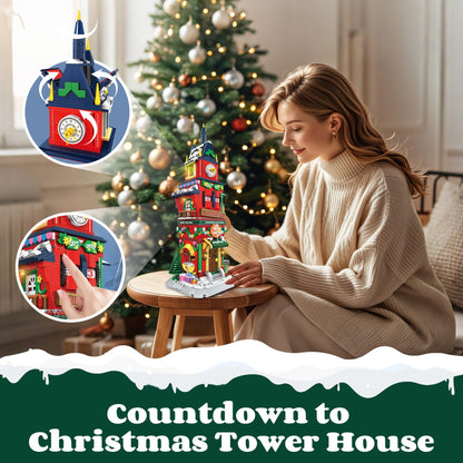 Christmas Countdown Tower House Building Toys - LED Light Christmas Village House Building Set with Countdown Clock, Festival Model Gift Idea for Kids 6+