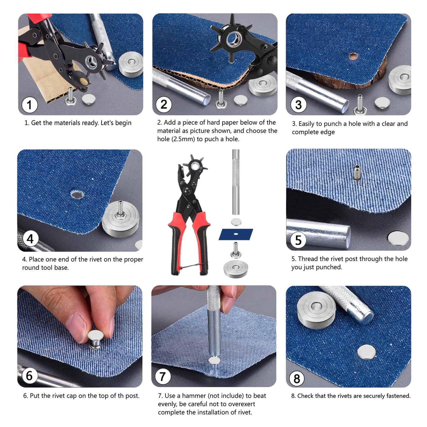 Belt Hole Puncher with 240 Sets of Leather Rivets - Updated Hole Sizes Puncher for Belt, Watch Band, Strap, Dog Collar, Saddle, Shoes, Fabric, DIY Home or Craft Project