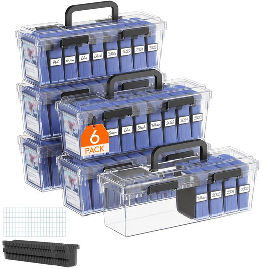 Lifewit Trading Card Storage Box fit for Toploader, Stackable Reinforced Latch Case with 8 Adjustable Dividers, Writable Labels, Organizer for MTG TCG Sports Baseball Bulk Cards, 6 PCS