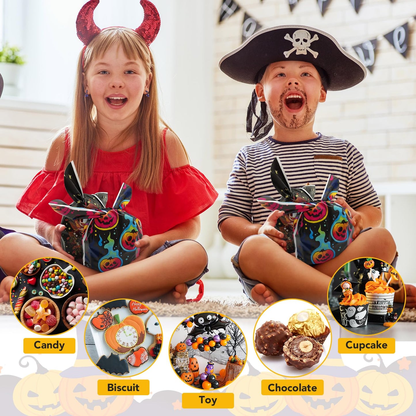 Halloween Treat Candy Bags 100pcs, Kids Small Halloween Goodie Bags Bulk, Plastic Halloween Bags for Trick or Treat, Party Favor, Popcorn, Snack and Cookie with Pumpkin, Ghost，Cat Elements