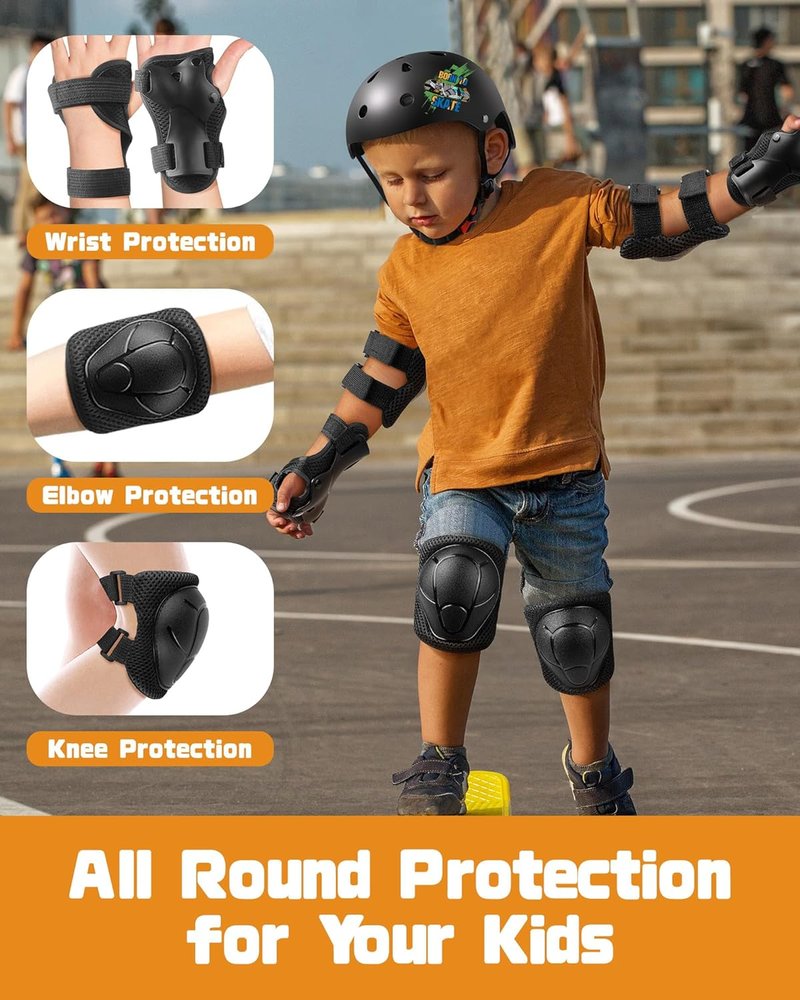 Kids Protective Gear Set - Knee & Elbow Pads with Wrist Guards for Ages 3-8 | Durable 3-in-1 Skating & Cycling Protection, Includes Organizer Bag