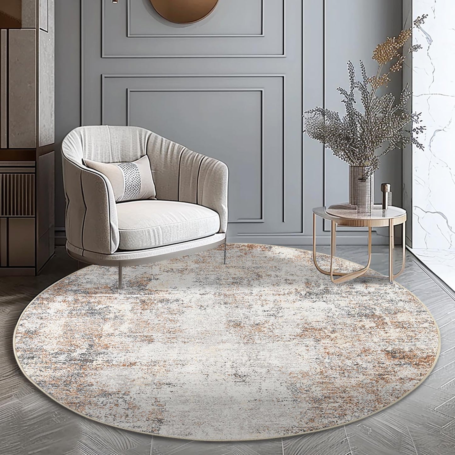 jinchan Round Rug 5ft Modern Area Rug 5' Round Circle Mat Washable Abstract Distressed Floor Cover Taupe Multi Print Contemporary Non-Slip Overdyed Thin Carpet for Entryway Kitchen Living Room