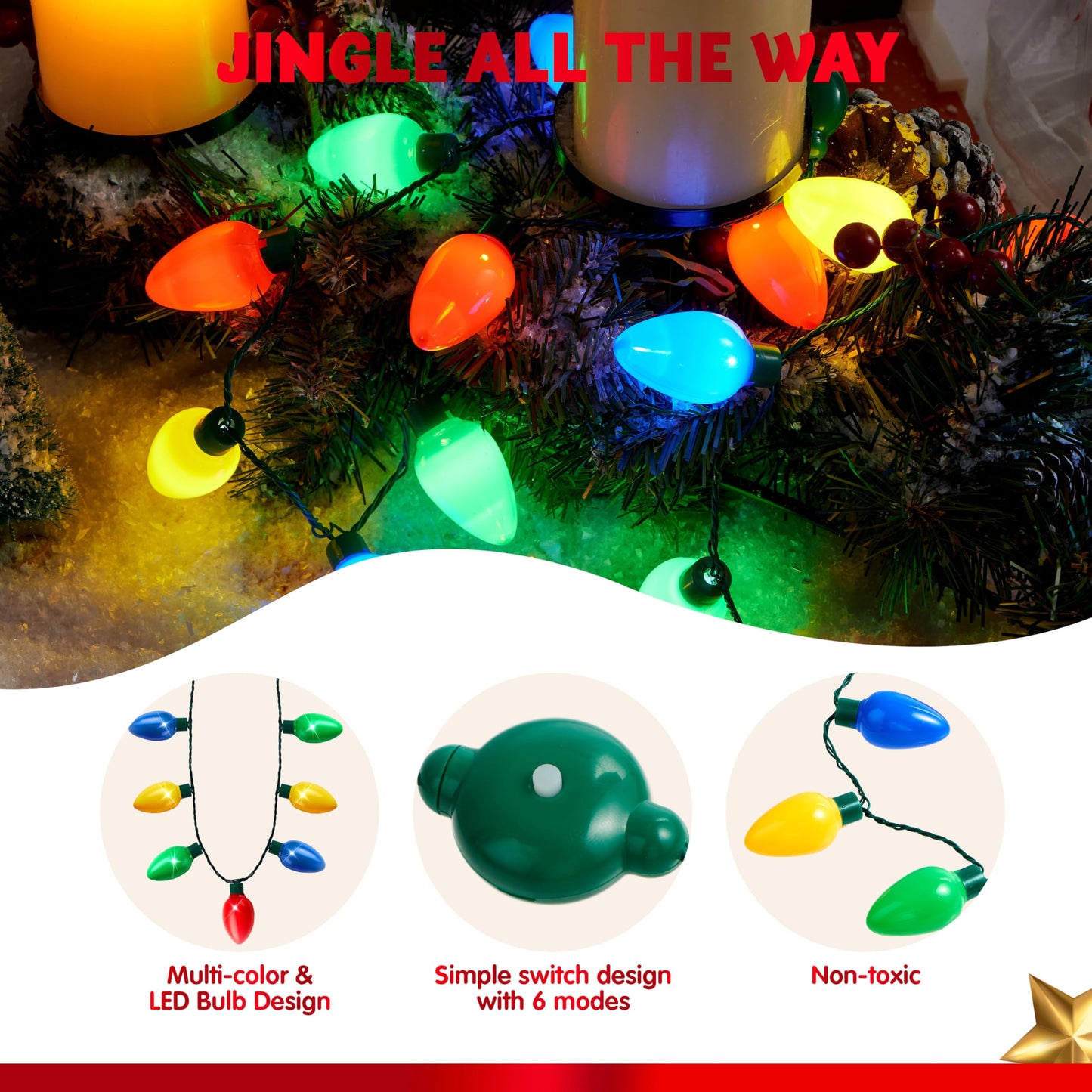 JOYIN 6 Packs Christmas LED Light Up Bulb Necklaces 9 Bulbs LED Necklace Holiday Xmas Costume Accessories for Christmas Party Favor Party Supply