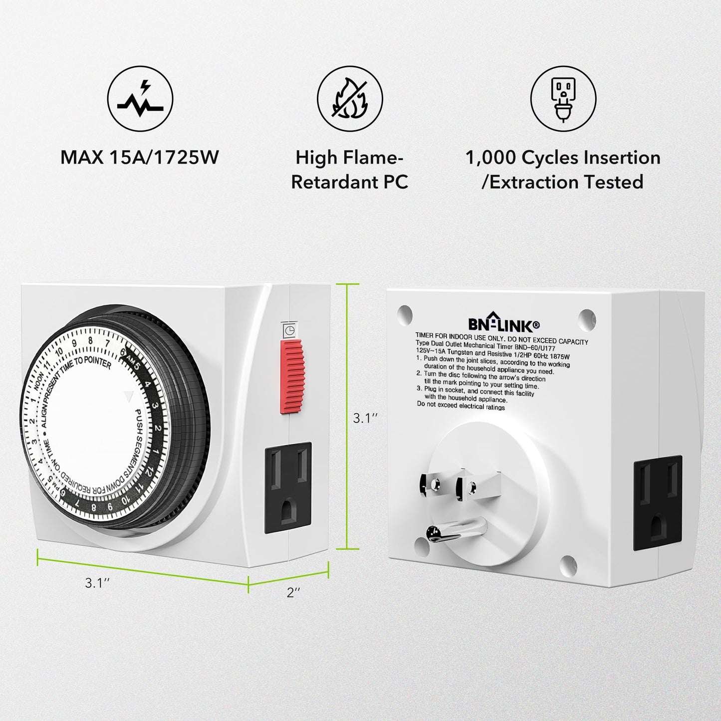 BN-LINK Heavy Duty Mechanical 24 Hour Timer Dual Outlet 3-Prong Accurate Indoor for Lamps Fans Christmas Lights White AC 1875W 1/2 HP, ETL Listed