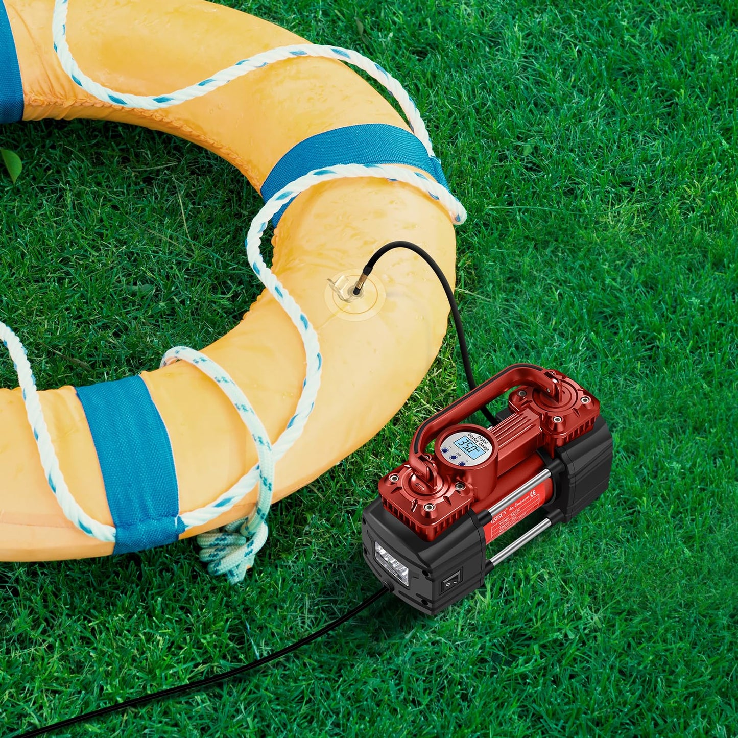 GSPSCN Portable Digital Car Tire Inflator with Gauge 150Psi Auto Shut-Off, Heavy Duty Double Cylinders 12V Air Compressor Pump with LED Light for Auto,Truck,Car,Bicycles,RV,SUV,Balls etc. (RED)