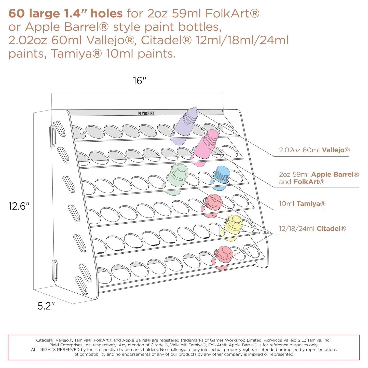 Plydolex Acrylic Paint Organizer - 60 Paint Bottle Holes Compatible with Citadel Bottles - for Wall Mounting and for Desk Use - Suitable for DnD, Warhammer 40K, Pathfinder and Other Miniatures