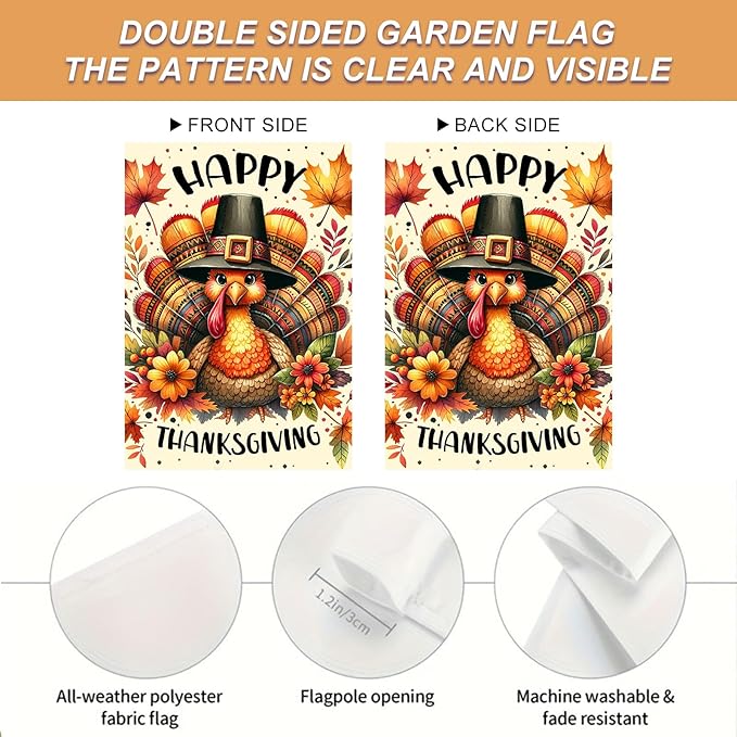 Thanksgiving Garden Flag 12x18 Inch Double Sided Turkey Flags Happy Fall Pumpkin Leaves Acorn Small Yard Flag Autumn Harvest Decoration for Outdoor Porch Lawn Holiday Seasonal Display