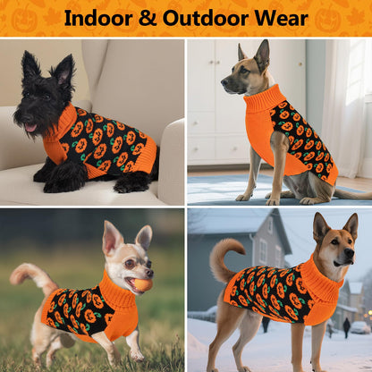 KYEESE Halloween Dog Sweater with Leash Hole Cute Pumpkin Design Winter Warm Turtleneck Cozy and Comfortable Orange Knitwear for Small Dogs Boy Fall Holiday Apparel Halloween Doggy Sweater, Large