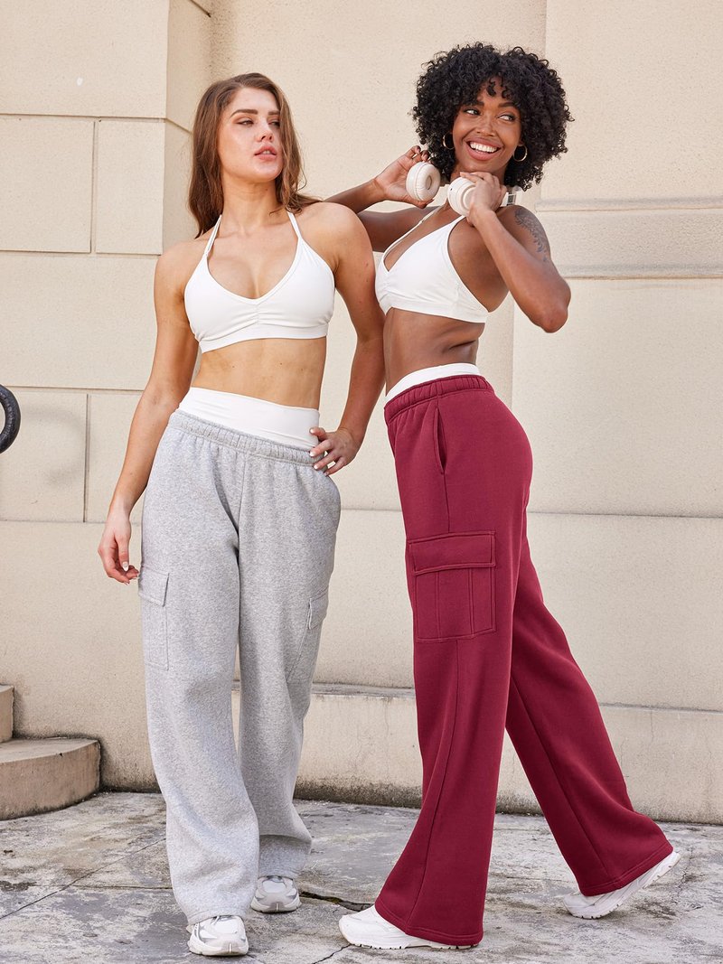 YEOREO Sweatpants Womens Cargo Pants Fleece Lined Wide Leg Joggers Baggy Drawstring Nairi Sweat Pants with Pockets Ancora Red M