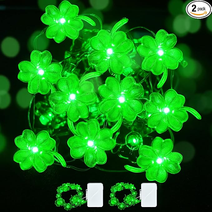 Aogist St. Patrick 's Day Decorations Clover String Lights, 16 ft 50 LED Green Shamrock Fairy Light for Saint Patrick’s Day Decor, Lucky Irish Decals Party Ornaments, Irish Party Supplies (2 Pack)