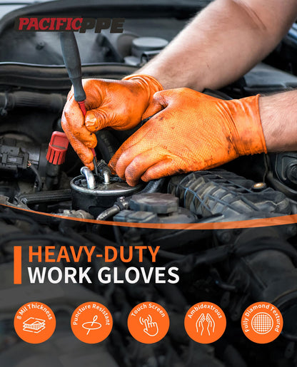 PACIFIC 8-mil Orange Nitrile Disposable Gloves, Heavy-Duty, Industrial, Mechanic, Diamond Textured, Latex & Powder Free, EN 374, Medium