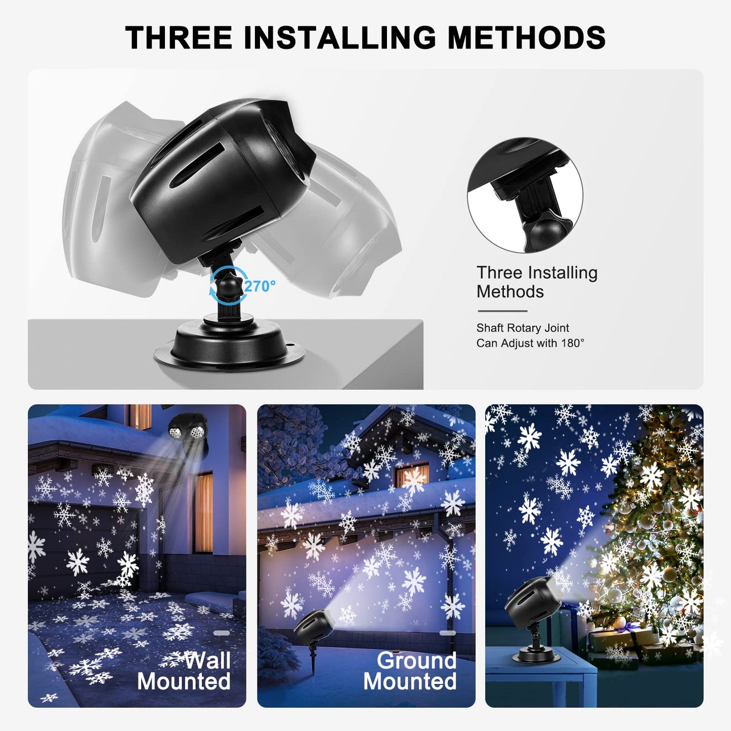 Christmas Snow Projector Lights, Dynamic Rotating Snowflake Projection Light Outdoor, IP65 LED Snow Spotlight Lightning for Halloween Xmas New Year Party Wedding Holiday Garden (Black)