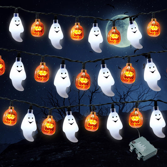 JOYIN Halloween String Lights Decorations, 19.7FT 30 LED Battery Operated Ghost Pumpkin 3D String Light with 8 Lighting Modes for Home Indoor Outdoor Halloween Party Decor(Orange/White Color)