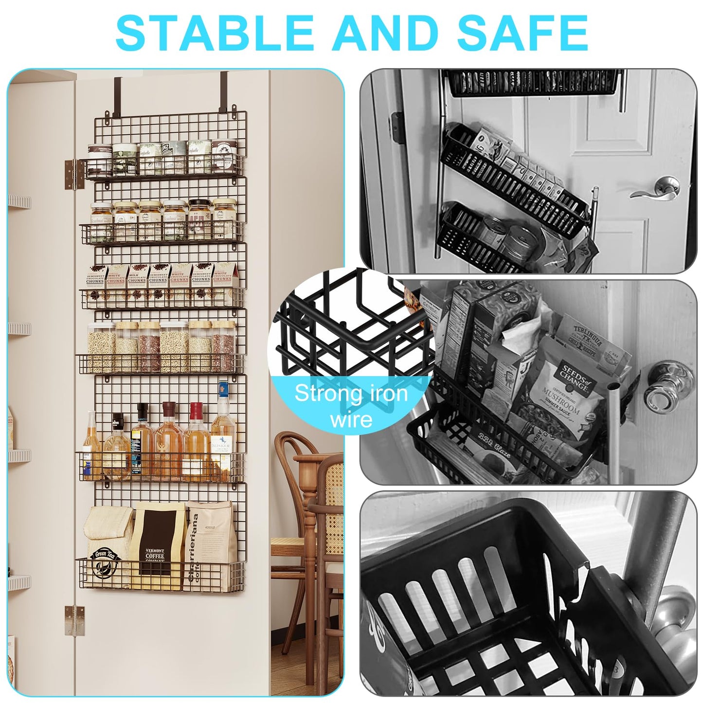 JKsmart 6-Tier Spice Rack Organizer with Door Hook, Wall Mounted & Over the Door Spice Racks for Kitchen Pantry Door Cabinet, Two Size, Large Capacity, Black