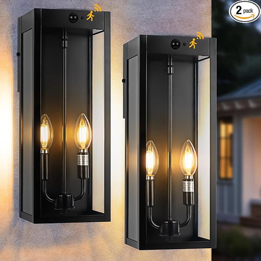 Black Motion Sensor Outdoor Lights 2-Light, 16” Modern Dusk to Dawn Sensor Lights for Outside 2 Pack, Exterior Wall Mount Porch Lanterns Waterproof Outside House Lamps for Garage Yard E12